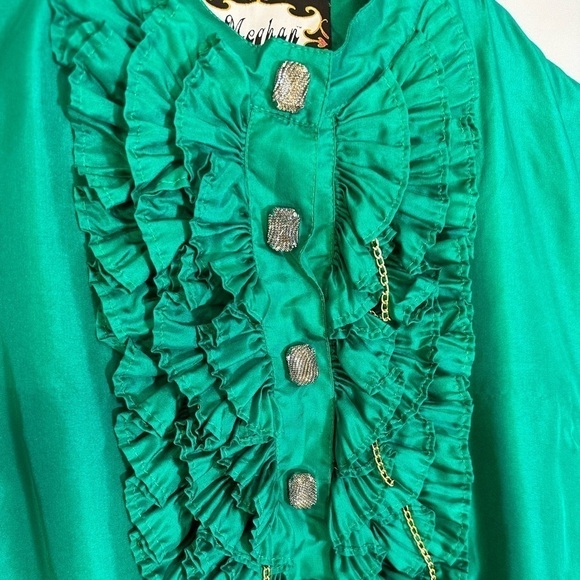 Meghan Los Angeles 100% Silk Emerald Green Front Ruffle Buttons Chains Blouse 0 - Picture 5 of 11